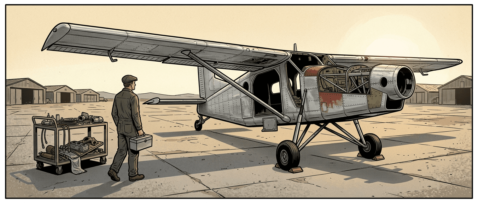 PC-6 Porter OK-PTT on the ramp, engine cowlings off, an engineer walking up with a toolbox